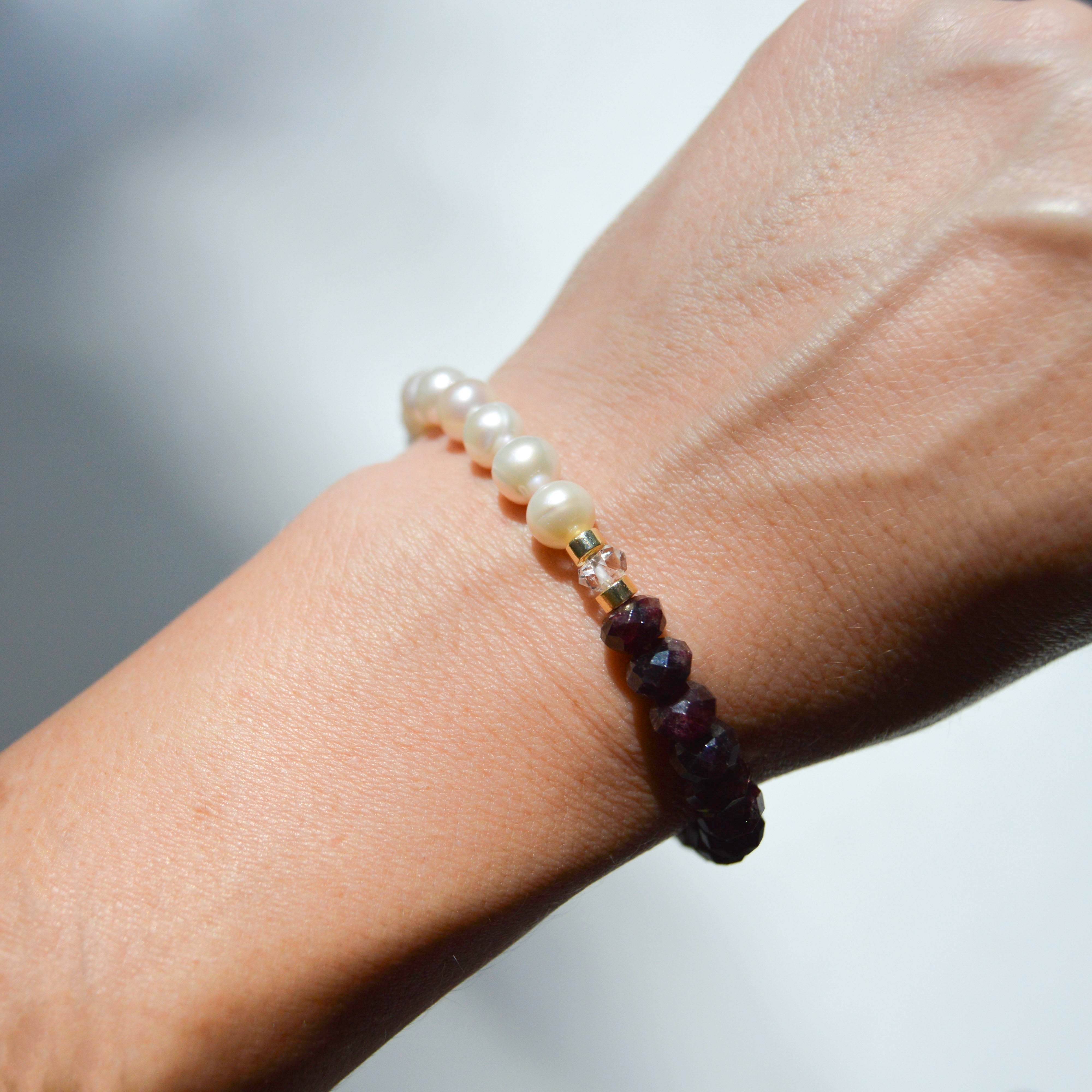 Garnet, Pearl and Herkimer Diamond Bracelet