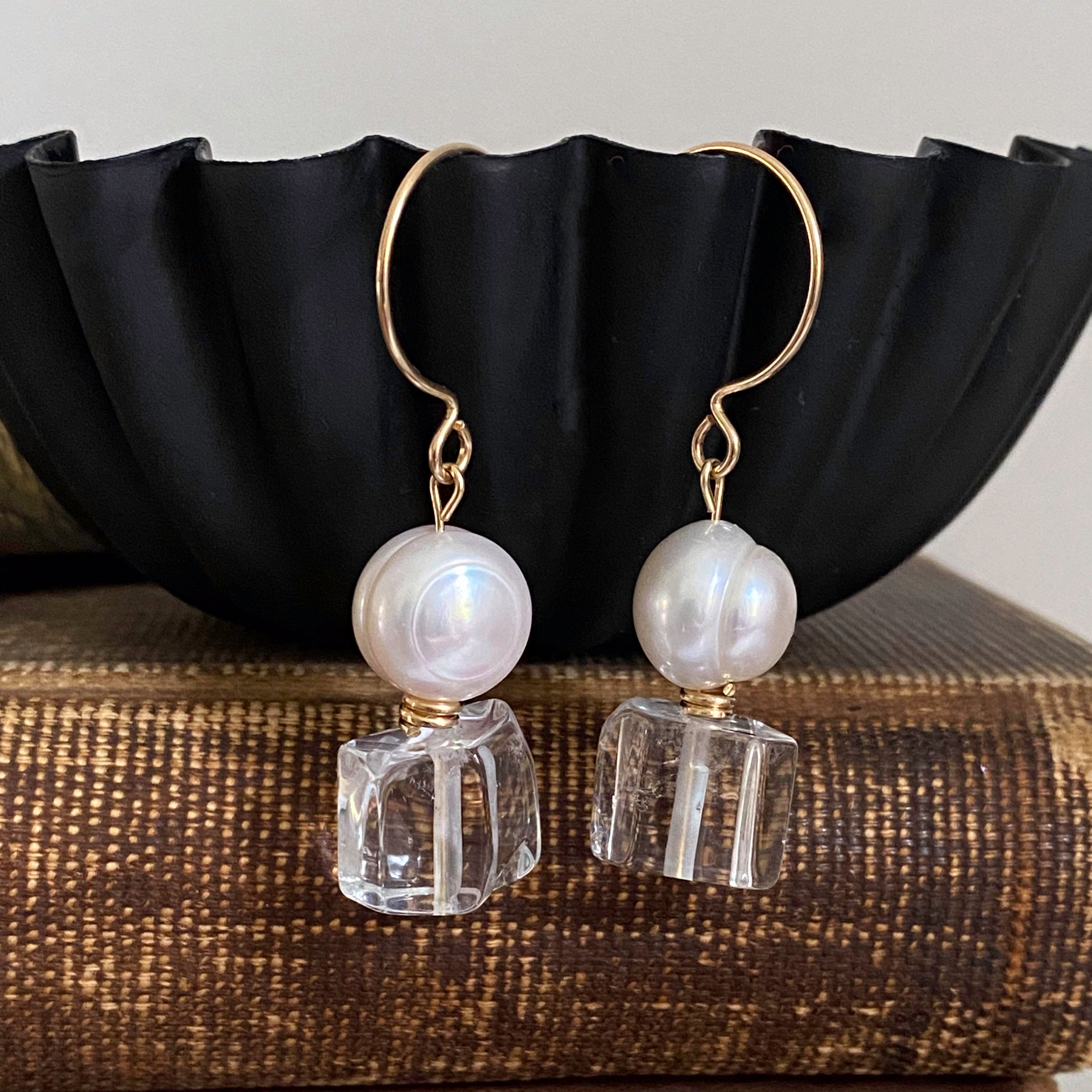 Freshwater Pearl and Clear Quartz Gold Earrings