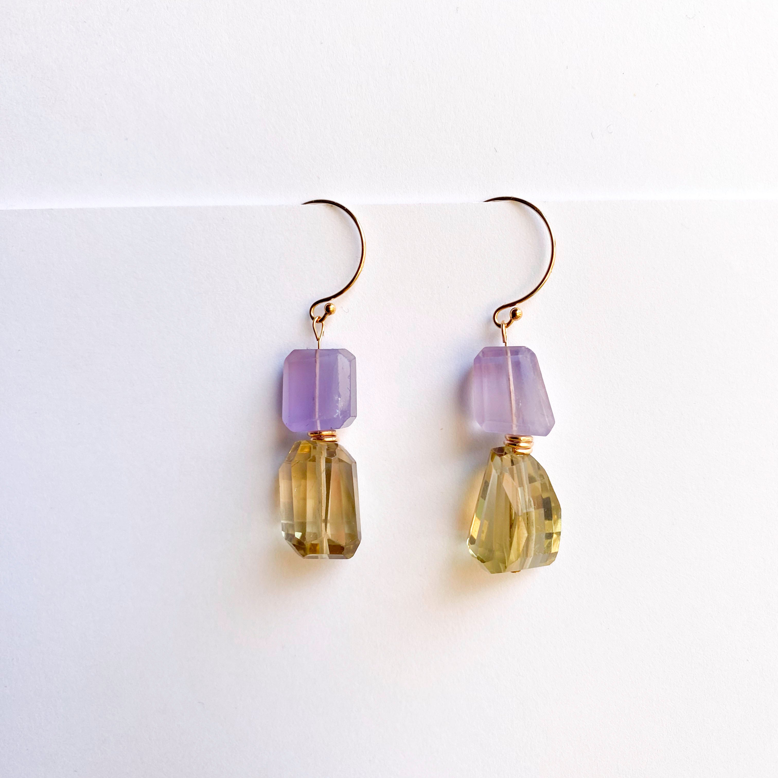 Lemon Quartz and Lavender Fluorite Gold Earrings