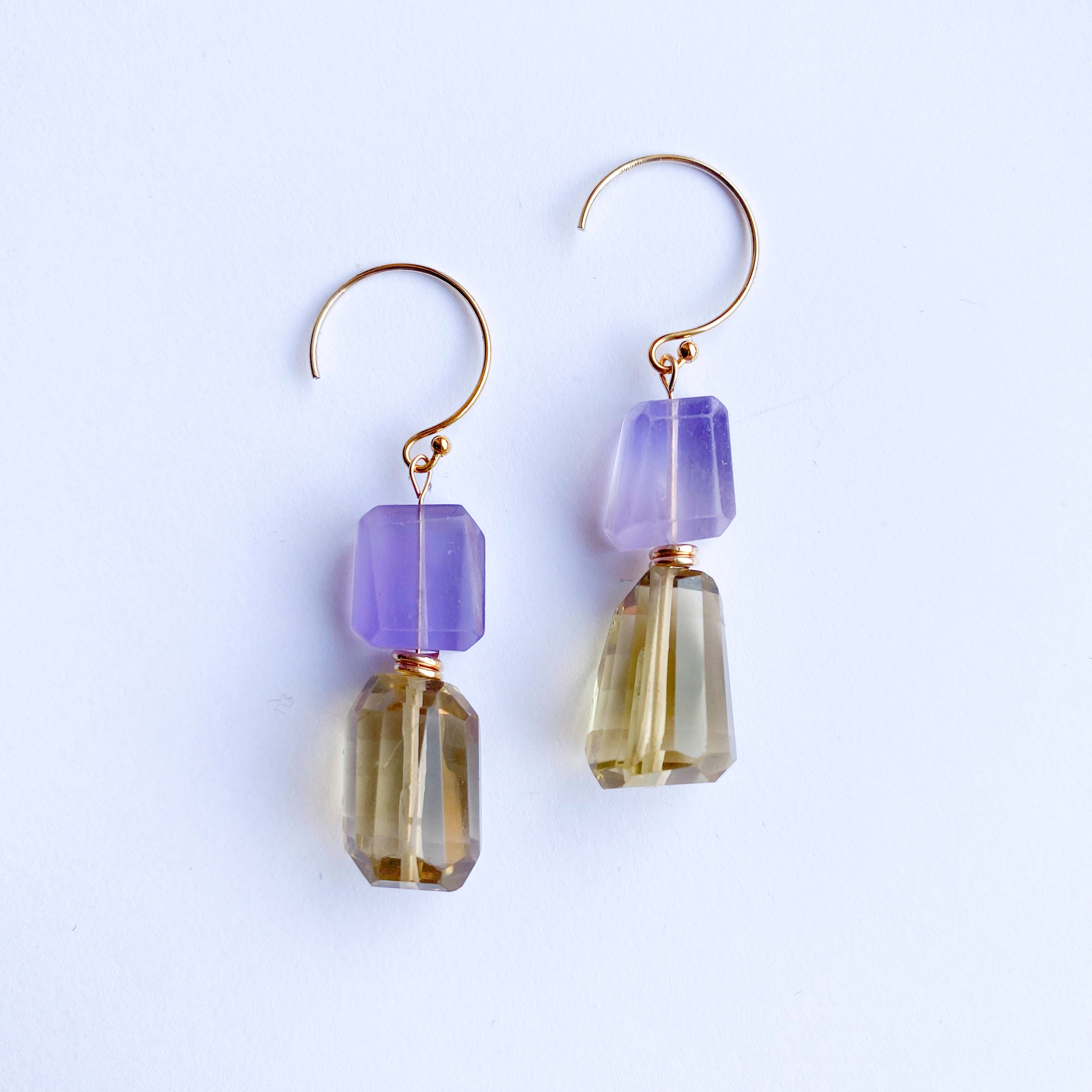 Lemon Quartz and Lavender Fluorite Gold Earrings