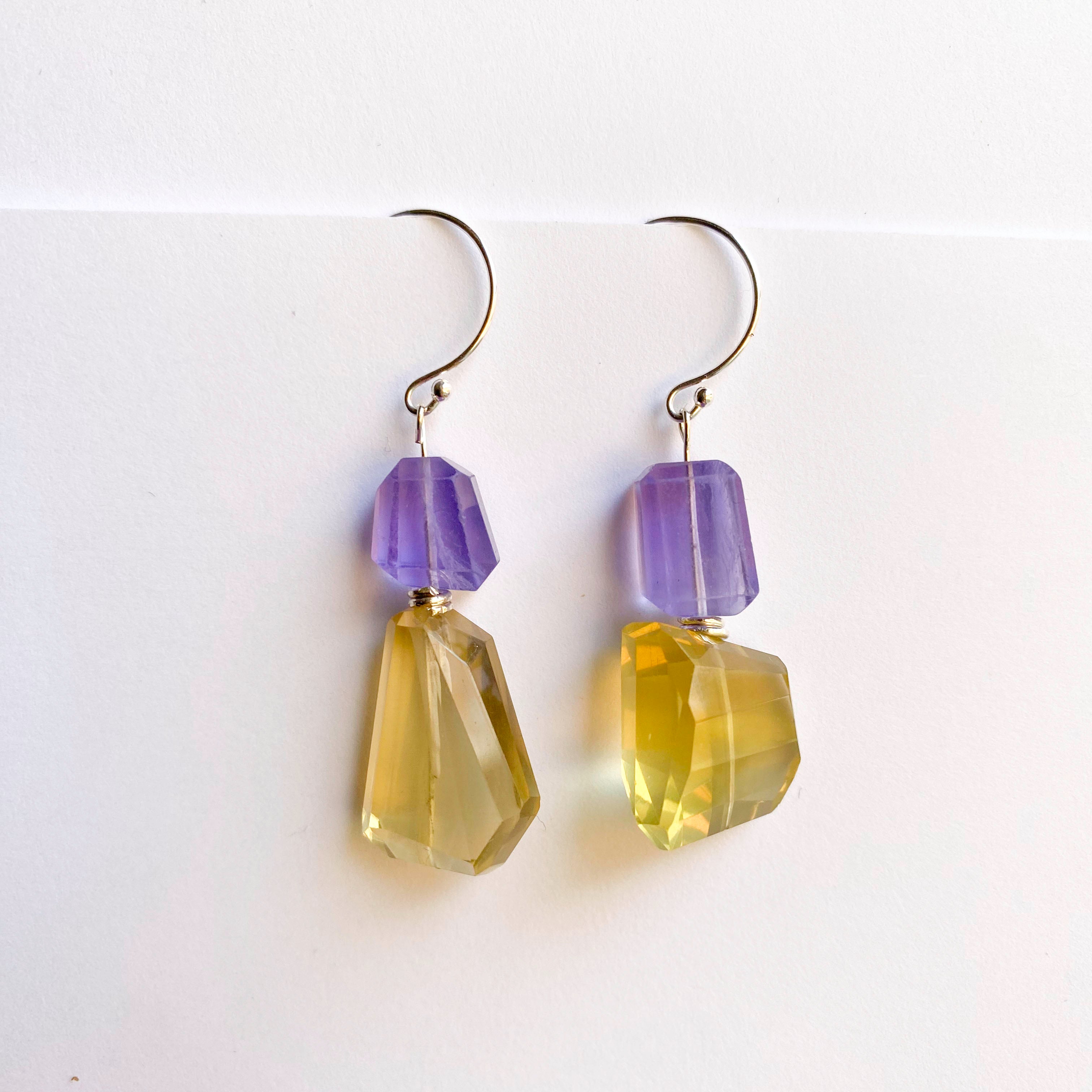 Lemon Quartz and Lavender Fluorite Silver Earrings