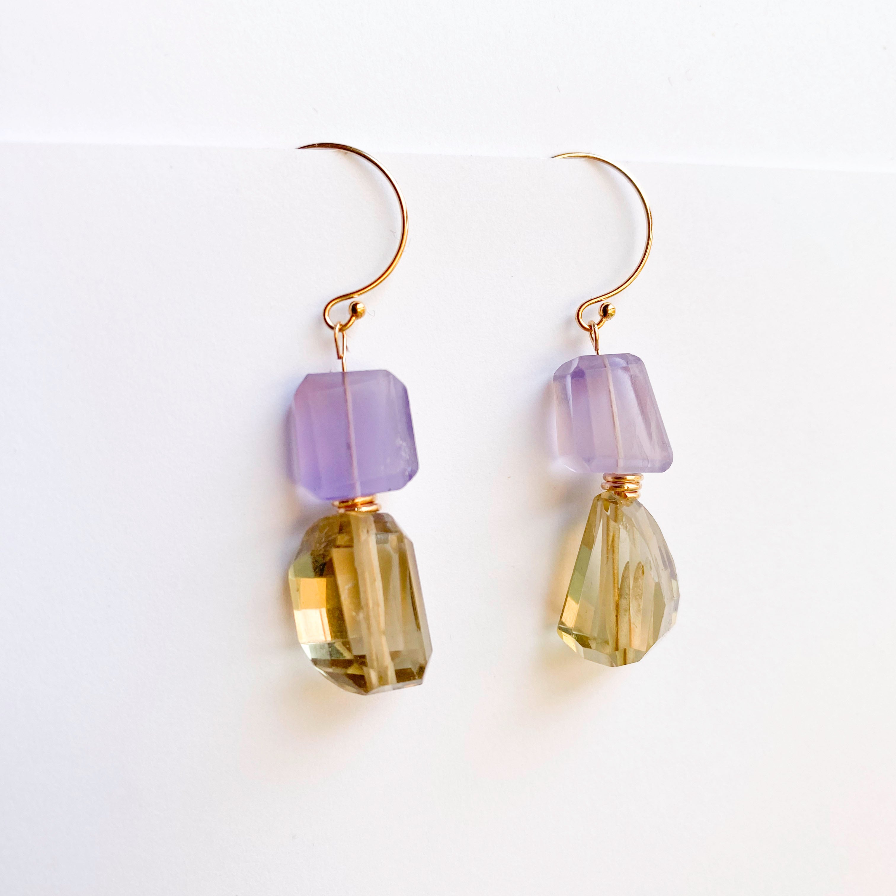 Lemon Quartz and Lavender Fluorite Gold Earrings