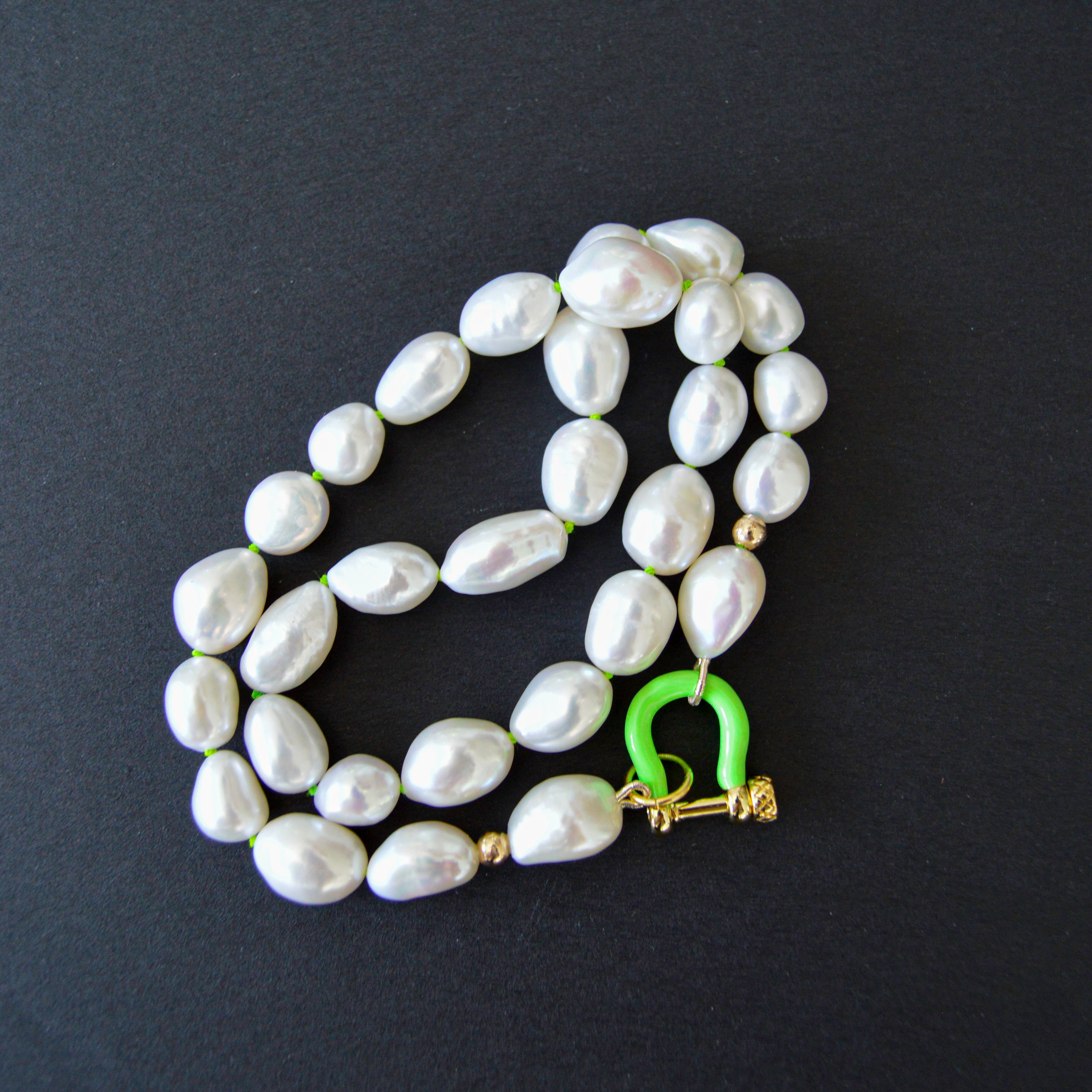 Pearls with Neon Green Enamel Clasp