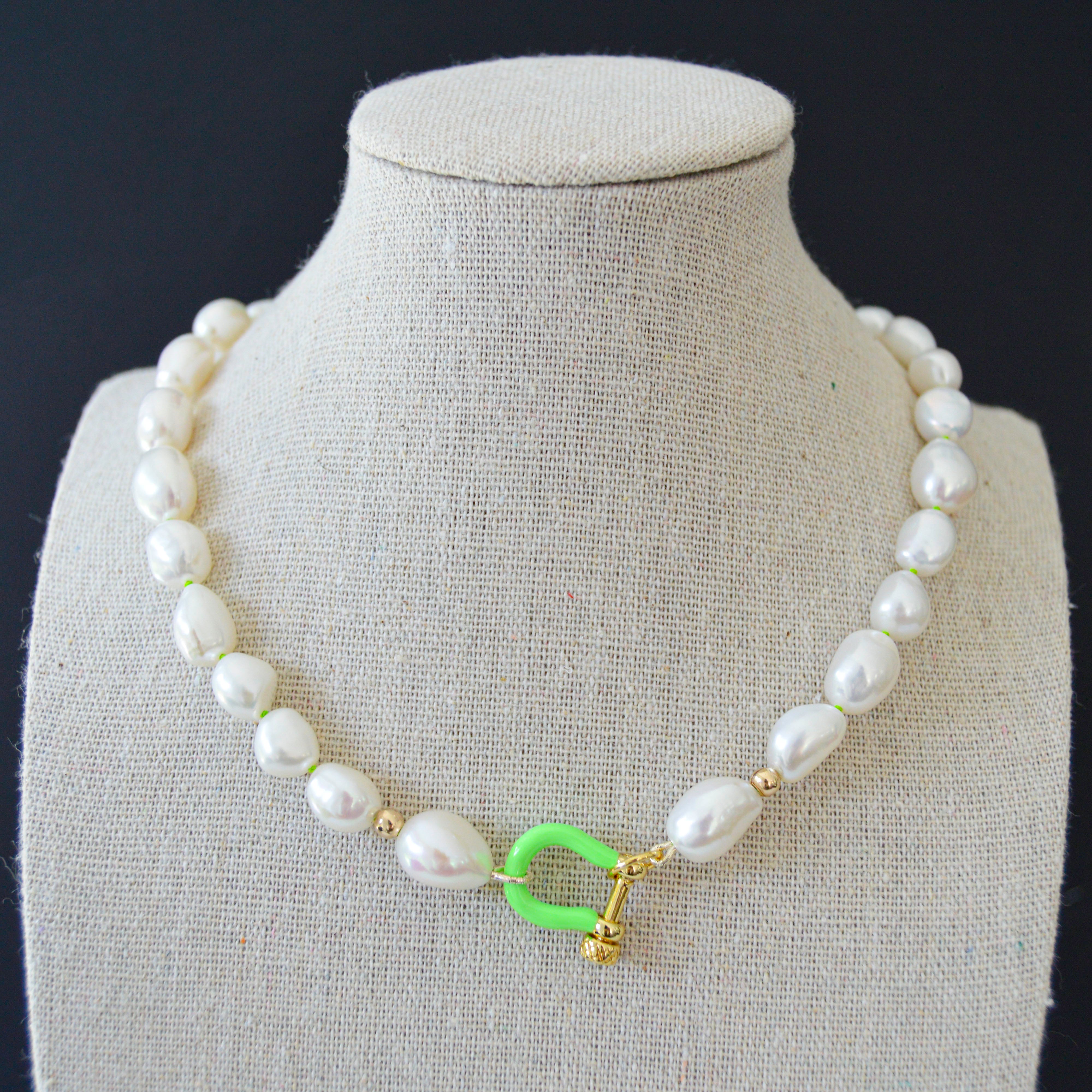 Pearls with Neon Green Enamel Clasp