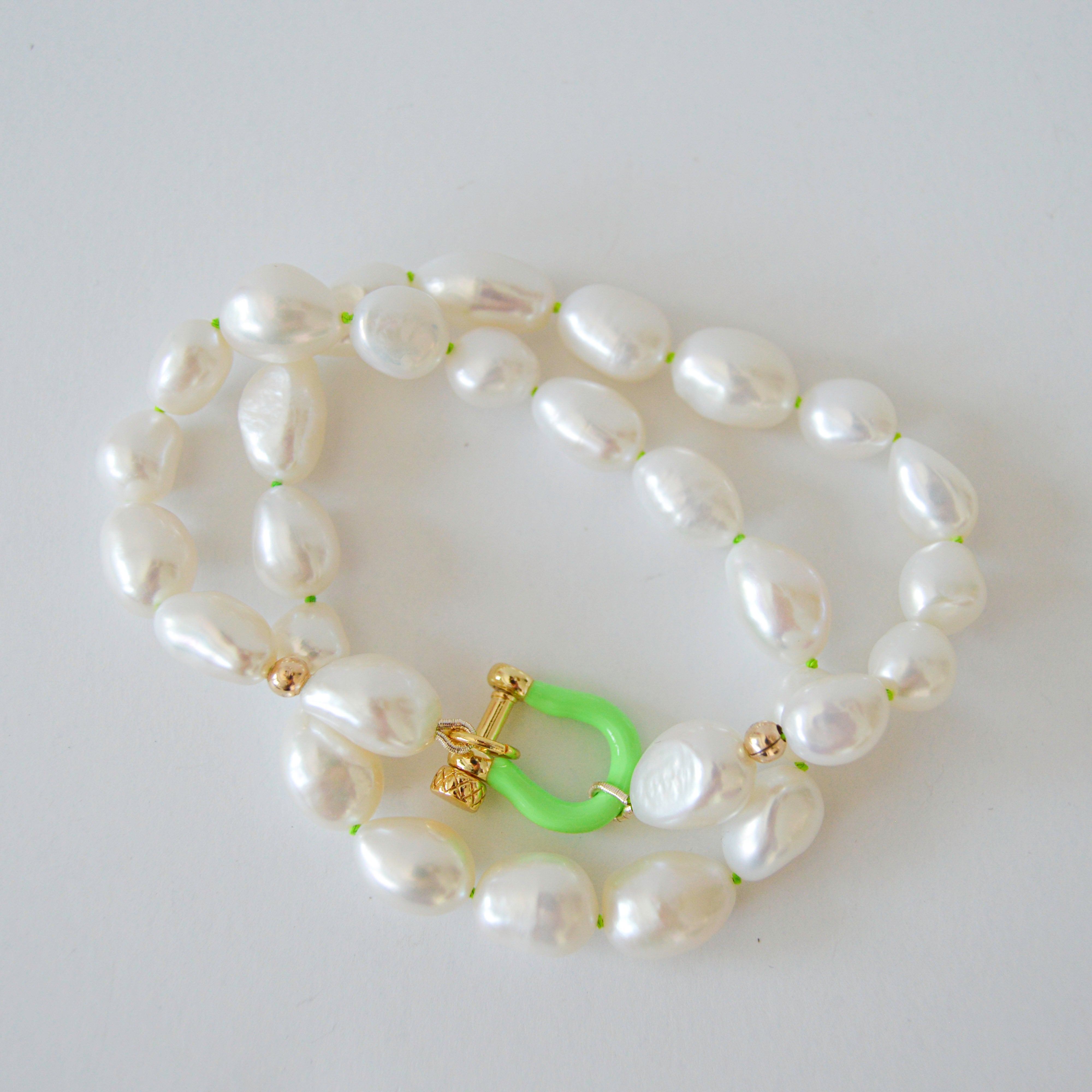 Pearls with Neon Green Enamel Clasp