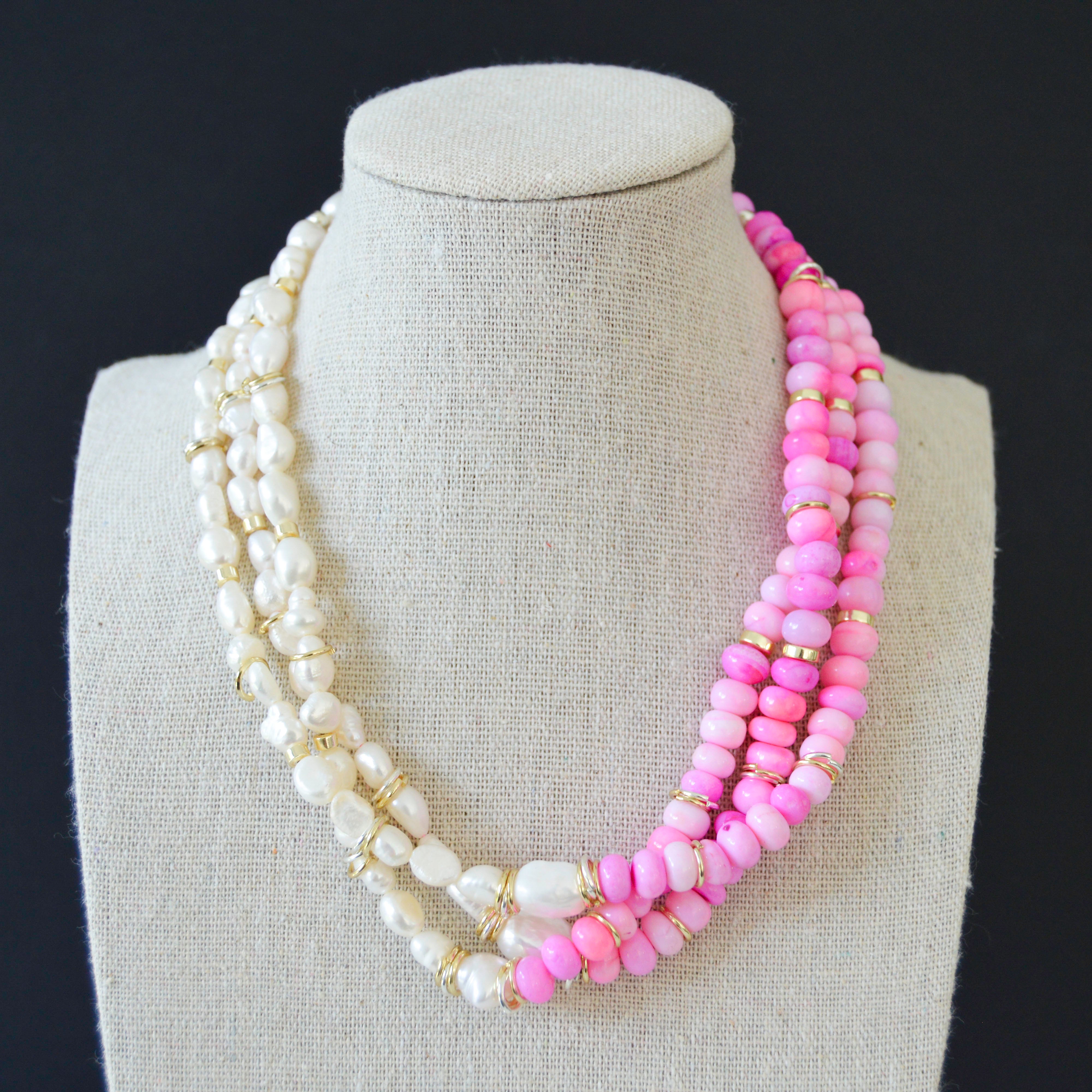 Pearls, Fuchsia Opals and Mixed Metals Necklace