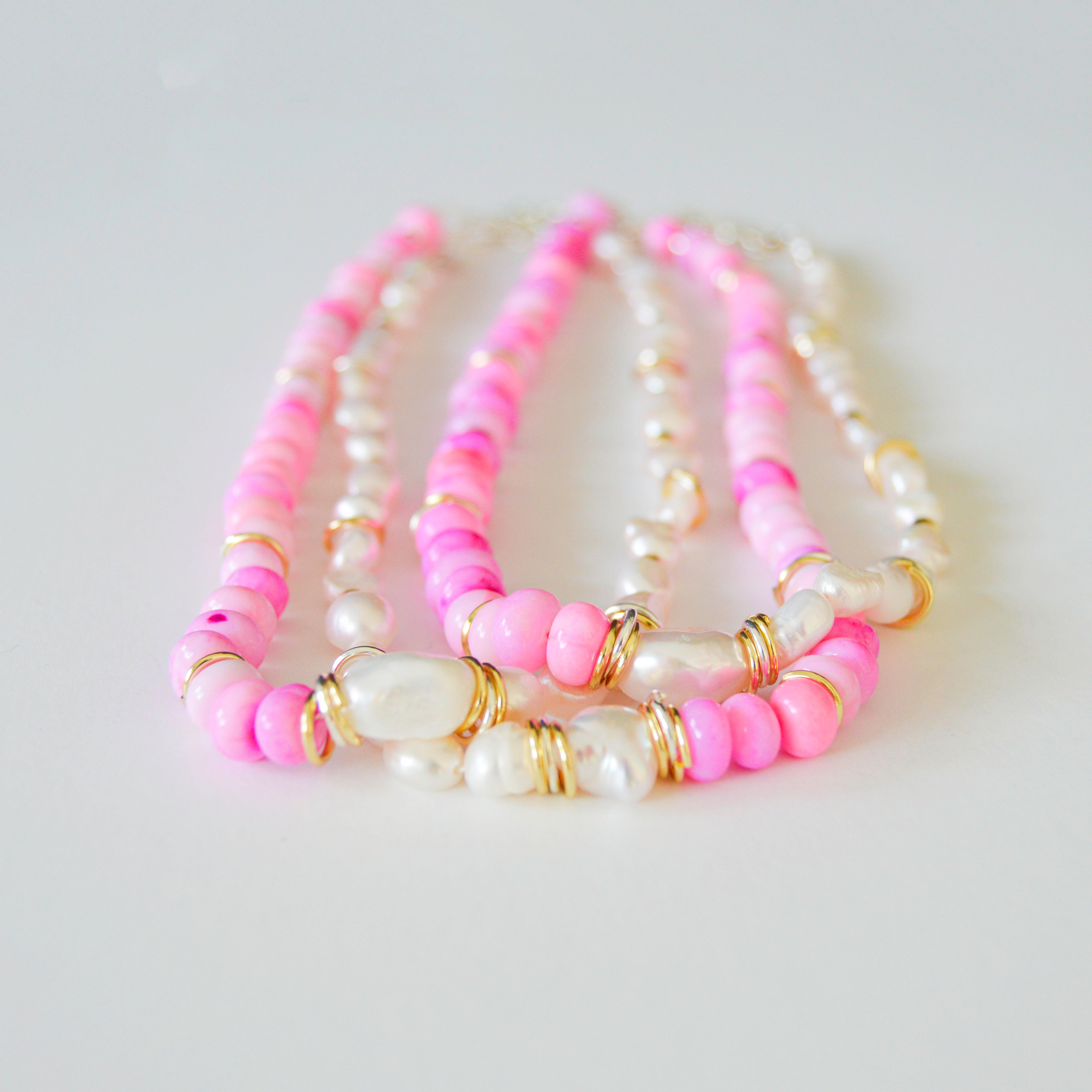 Pearls, Fuchsia Opals and Mixed Metals Necklace