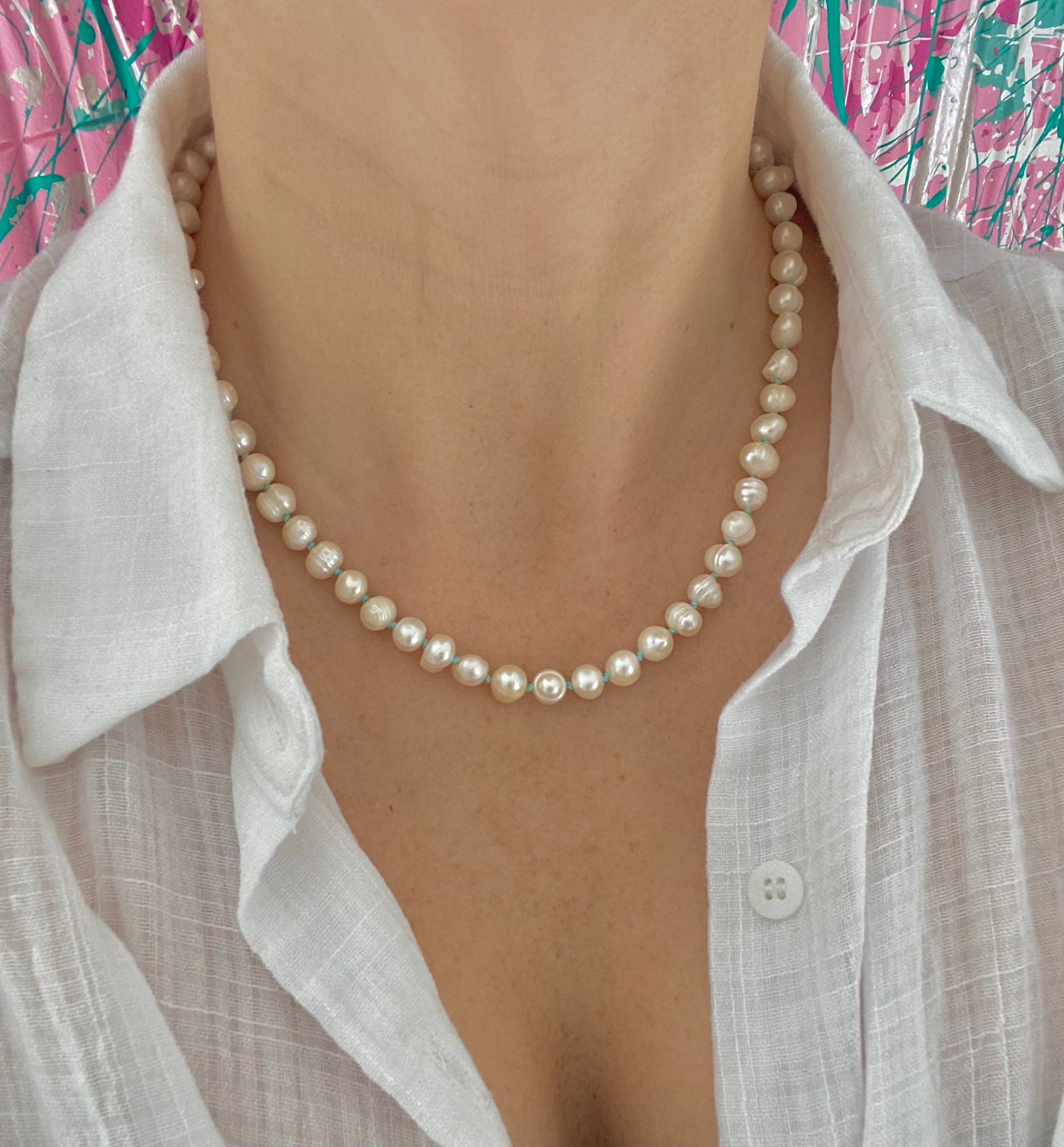 Baby Blue Knotted Freshwater Pearl Necklace