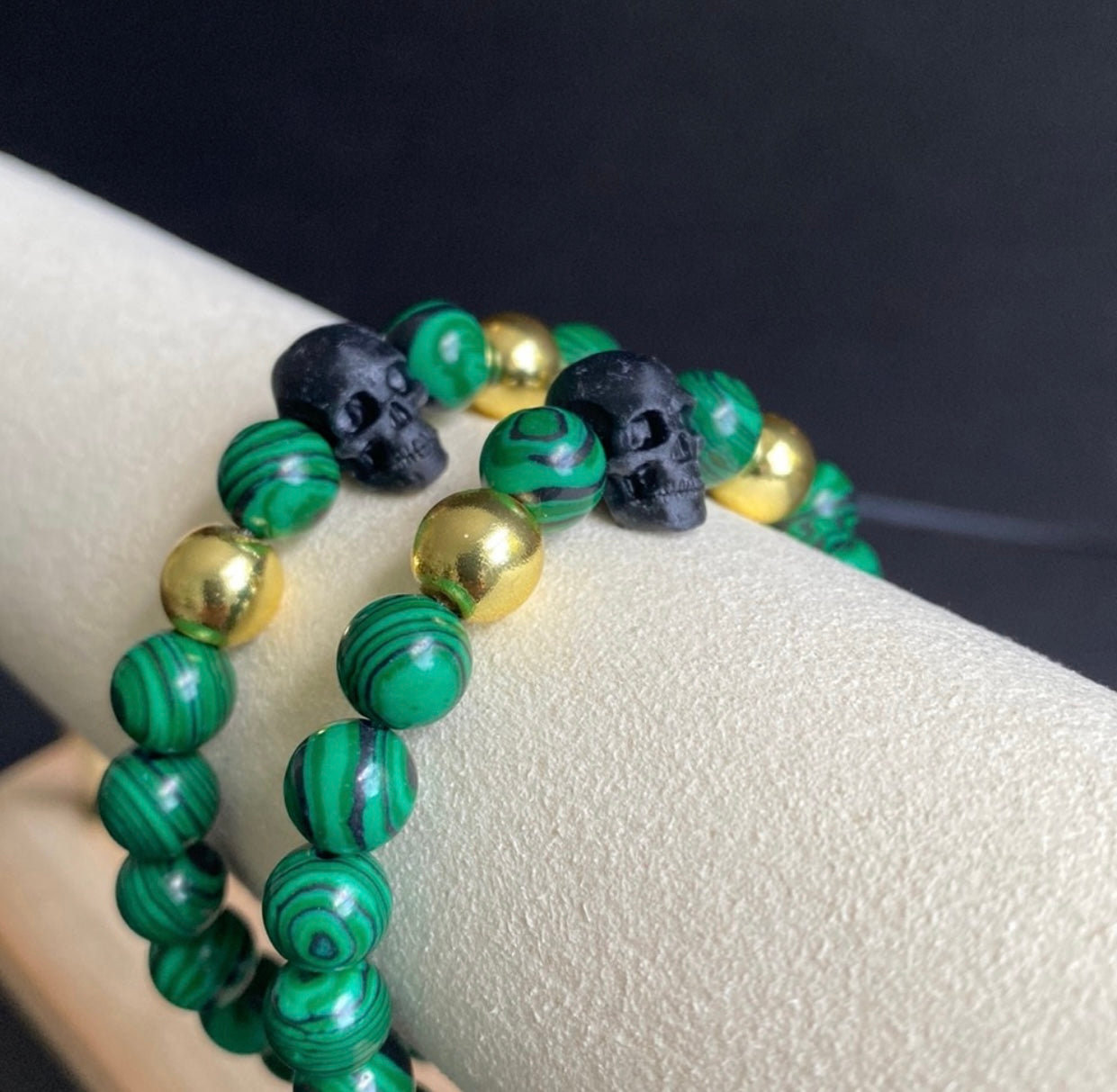 Malachite and Gold Skull Bracelet