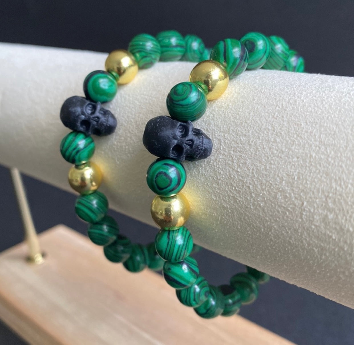 Malachite and Gold Skull Bracelet