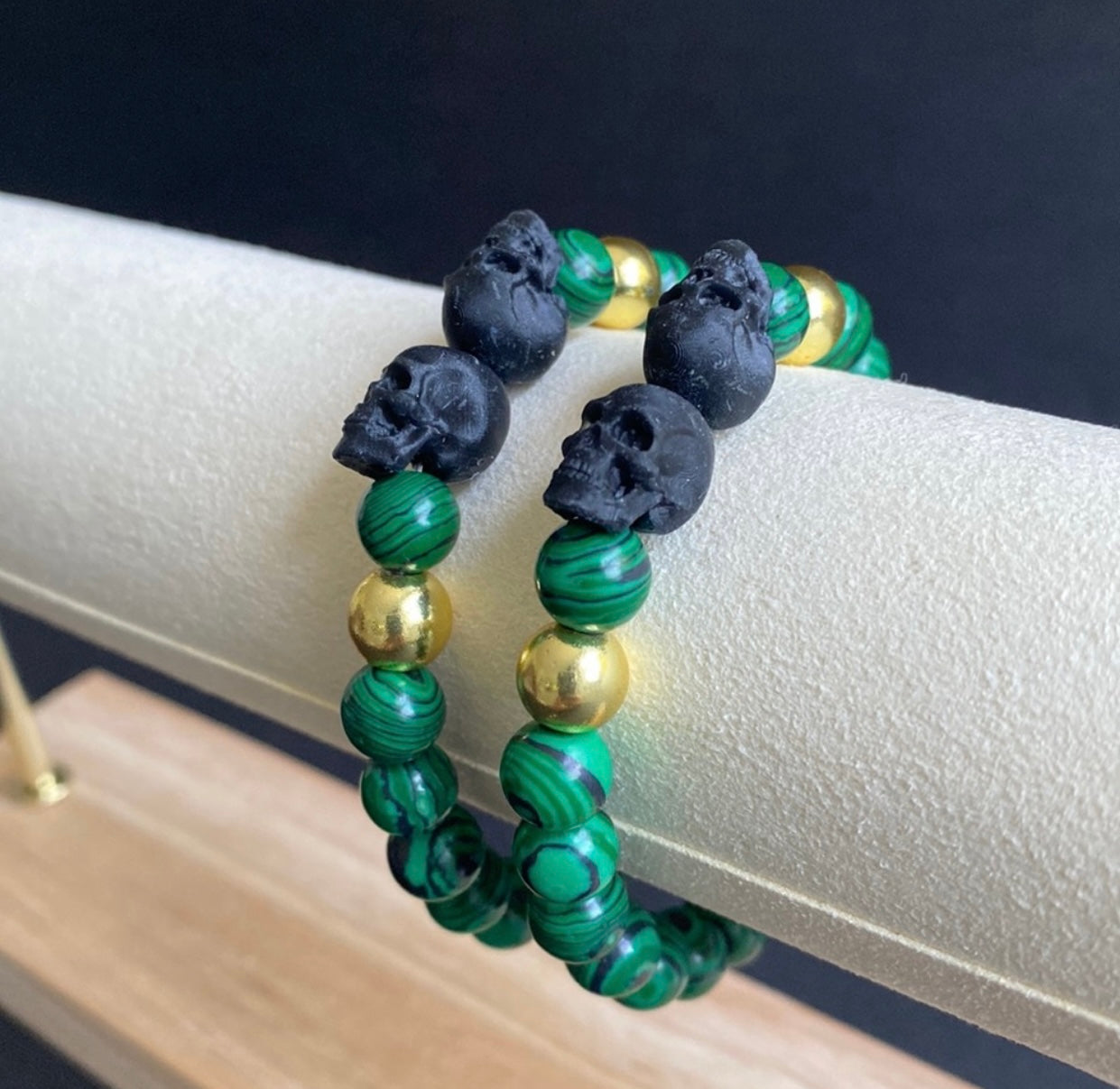 Malachite and Gold Double Skull Bracelet