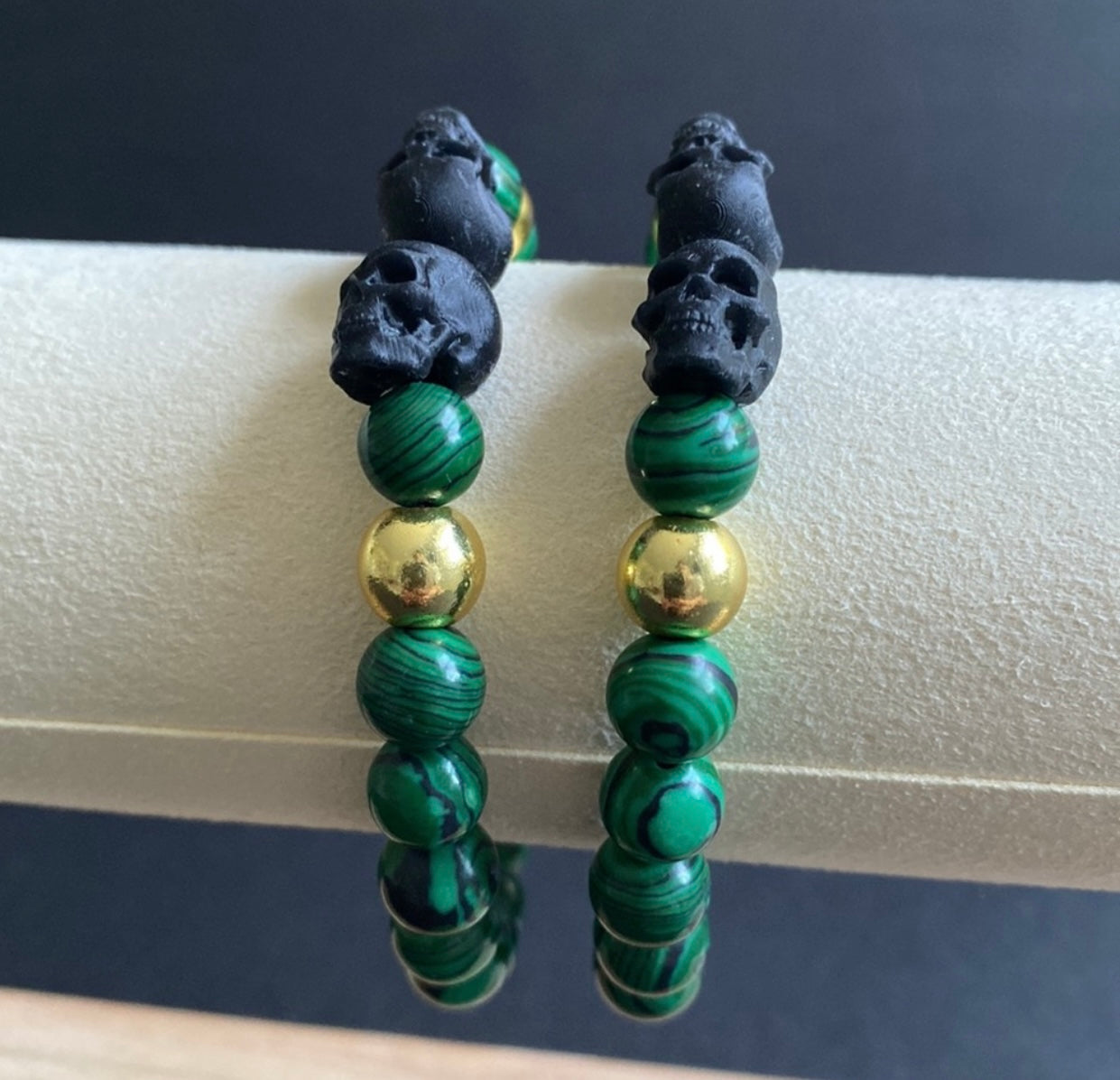 Malachite and Gold Double Skull Bracelet