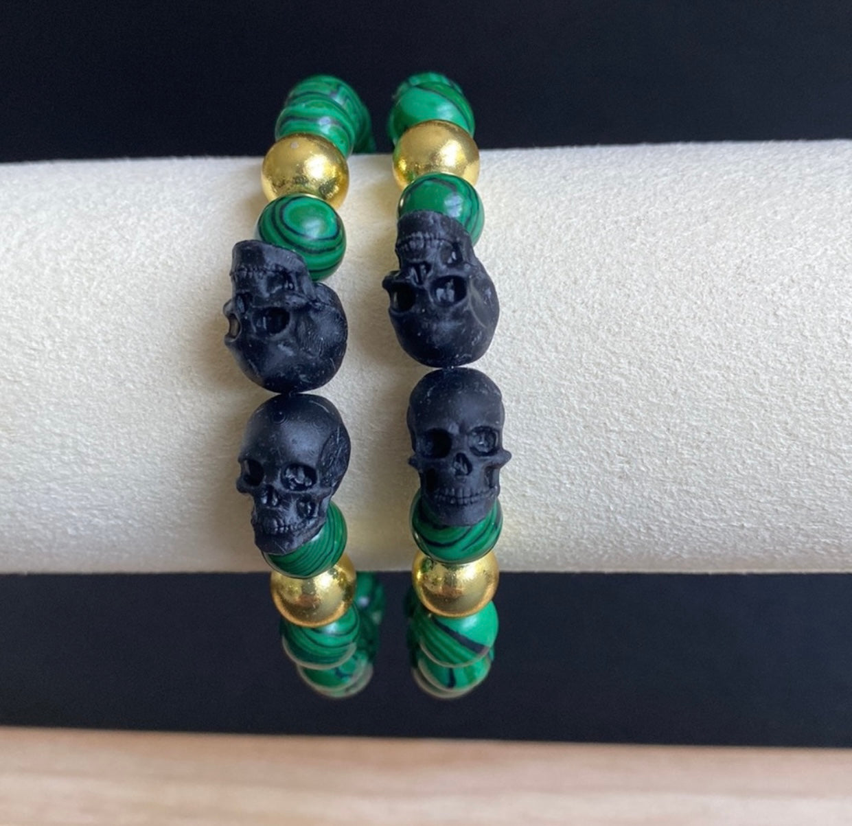 Malachite and Gold Double Skull Bracelet