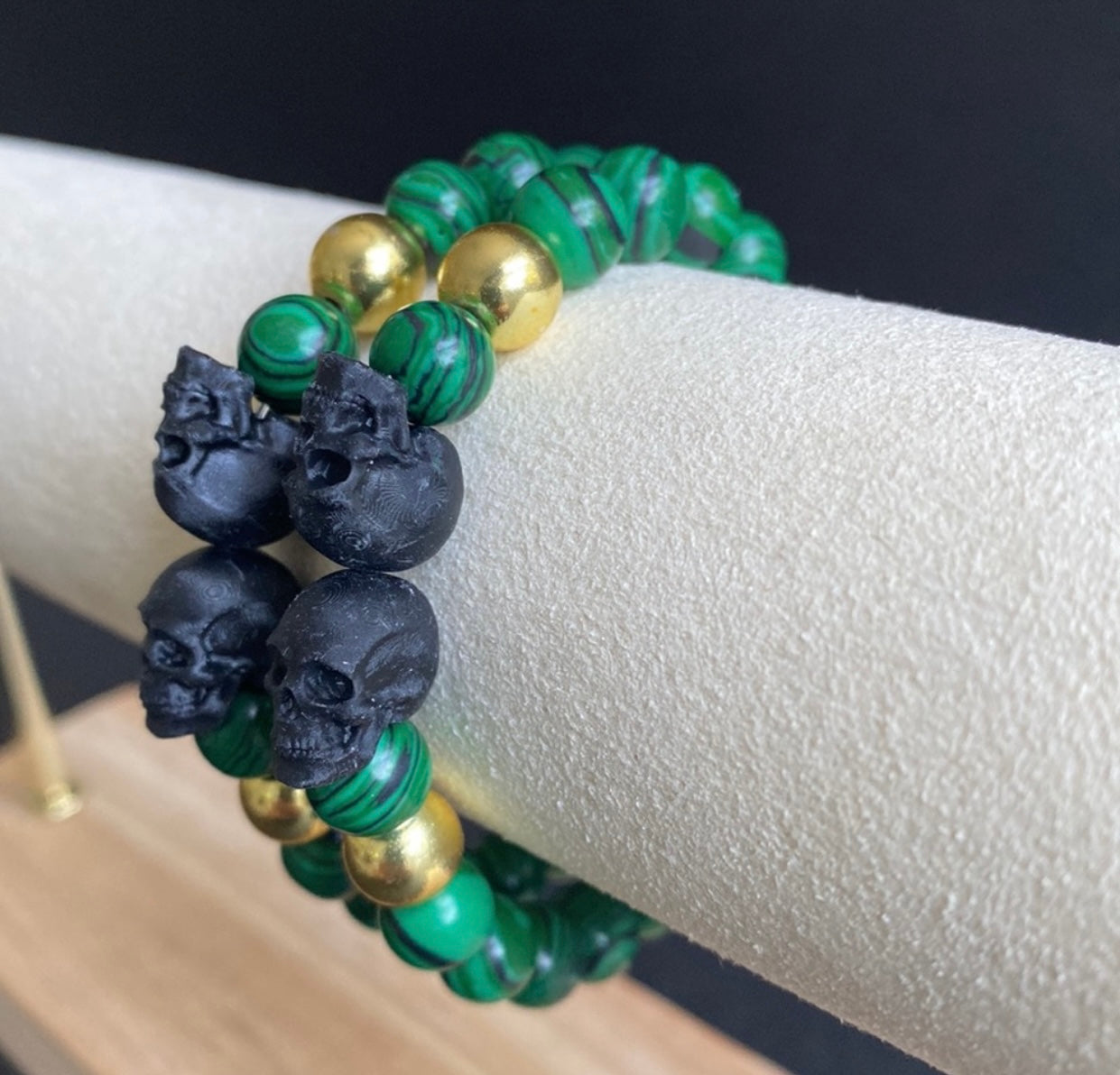 Malachite and Gold Double Skull Bracelet