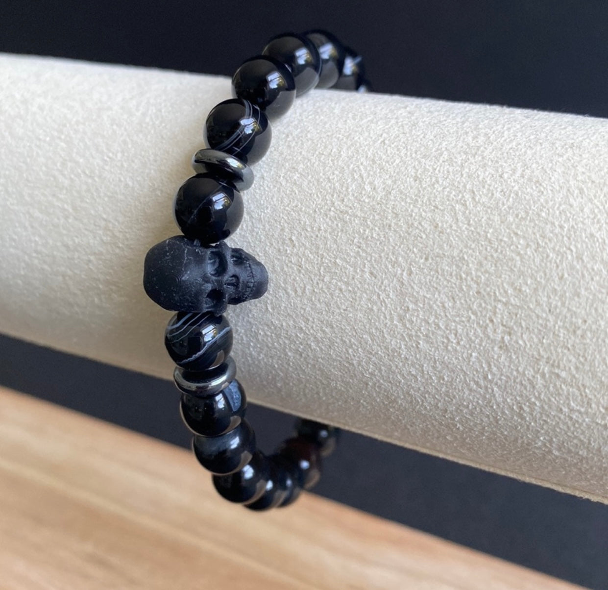 Banded Agate and Hematite Skull Bracelet