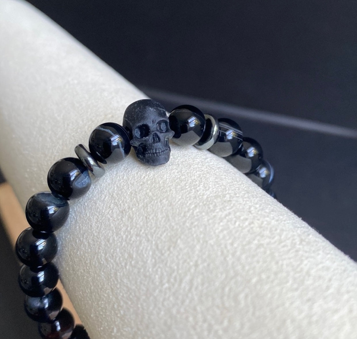 Banded Agate and Hematite Skull Bracelet