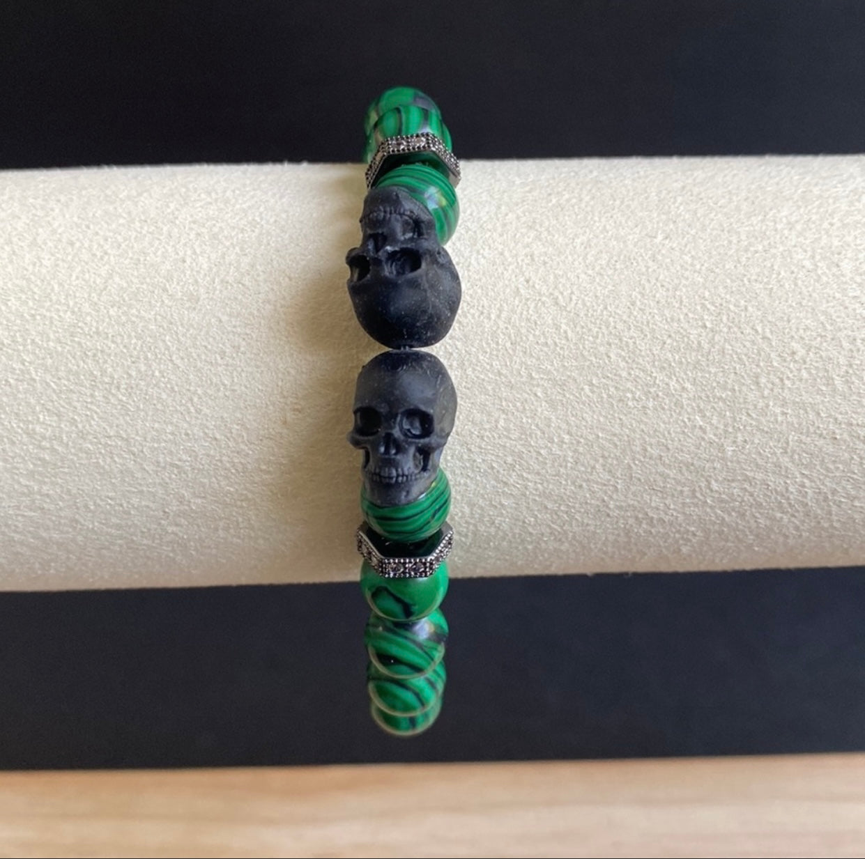 Malachite and CZ Double Skull Bracelet