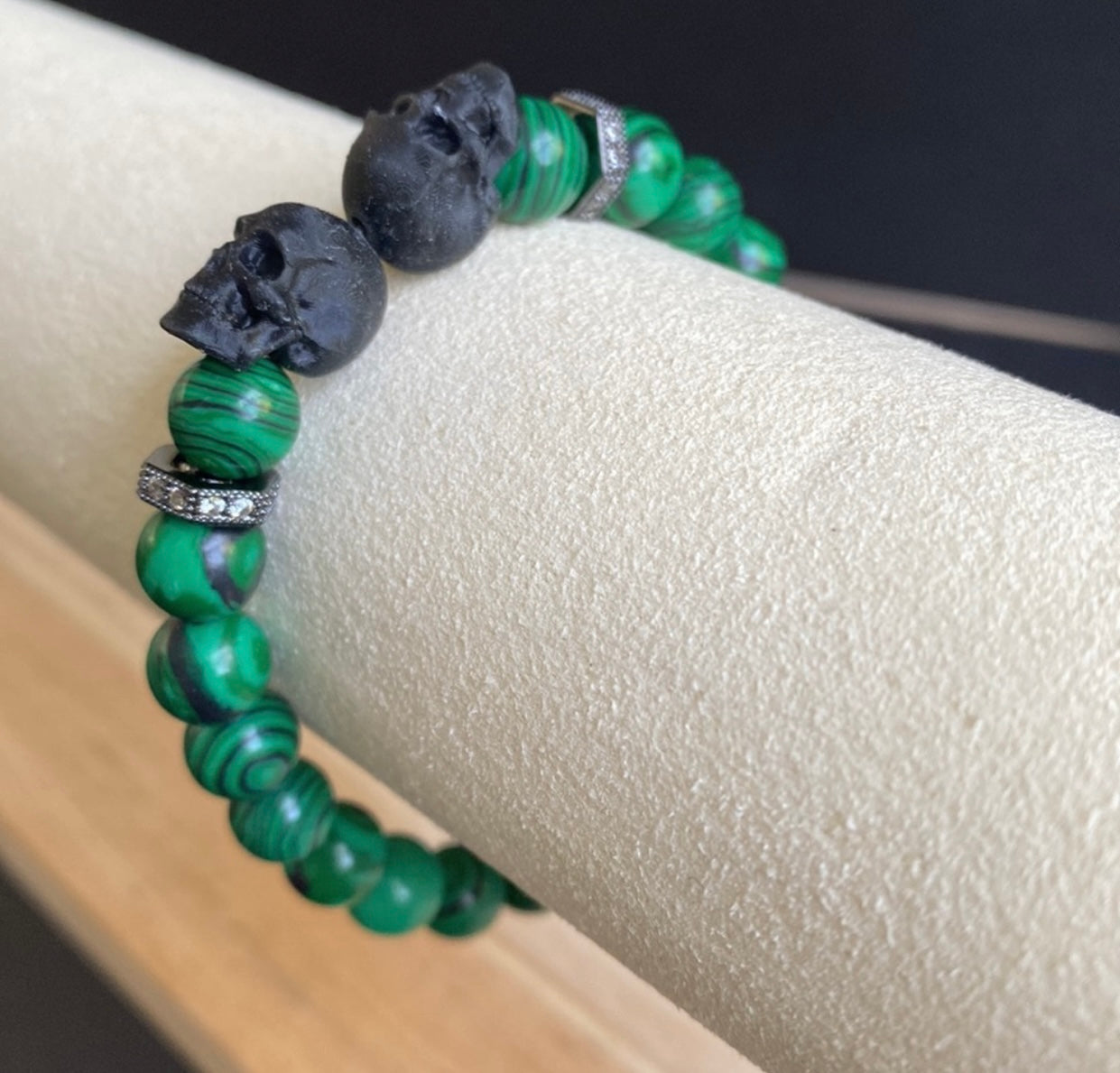 Malachite and CZ Double Skull Bracelet