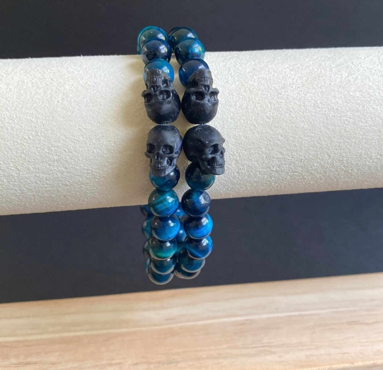 Blue Tigers Eye Double Skull Bracelet