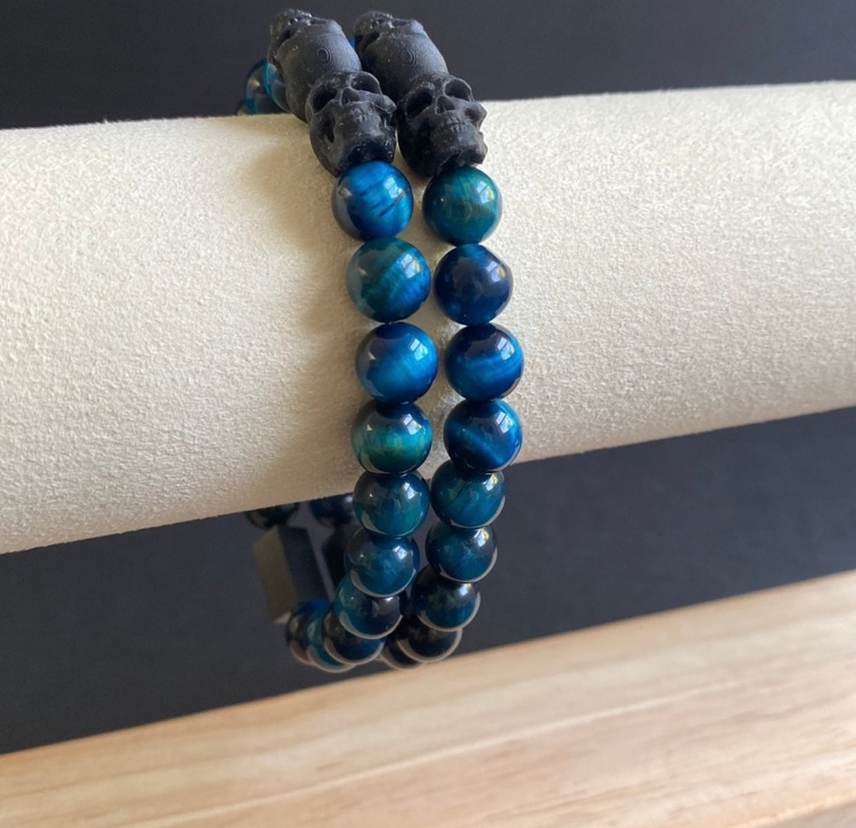 Blue Tigers Eye Double Skull Bracelet