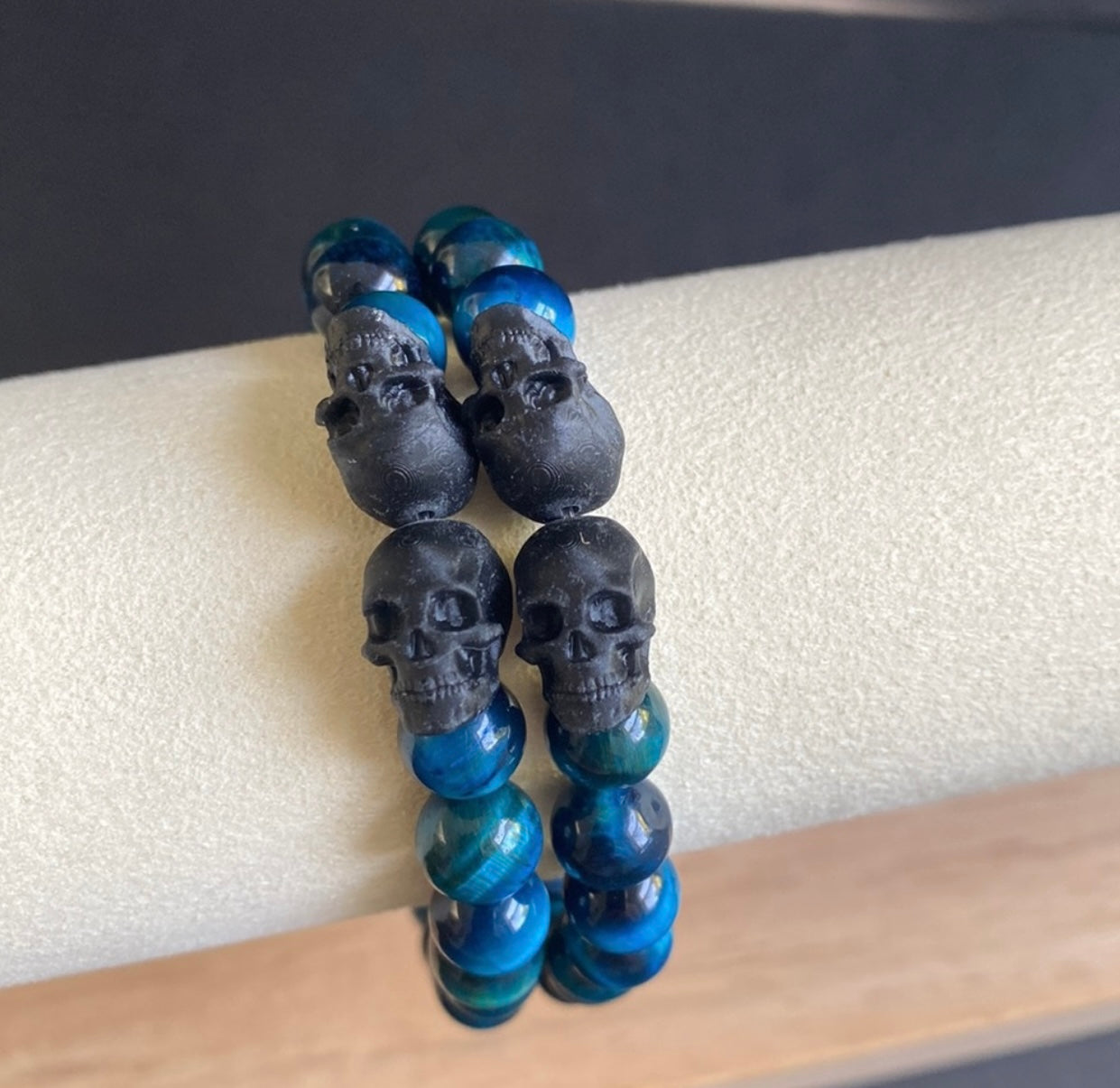 Blue Tigers Eye Double Skull Bracelet