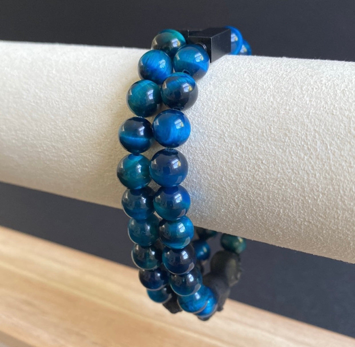 Blue Tigers Eye Double Skull Bracelet