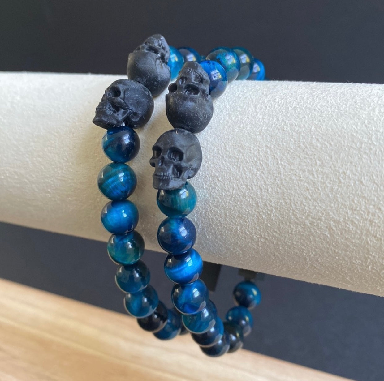 Blue Tigers Eye Double Skull Bracelet