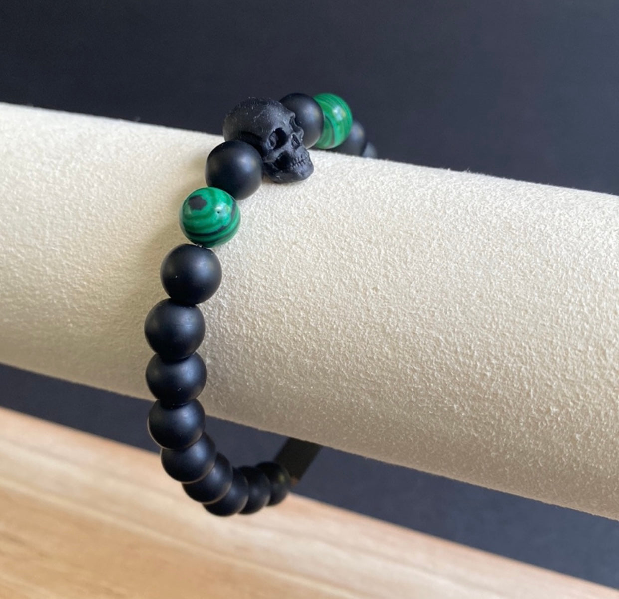 Onyx and Malachite Skull Bracelet