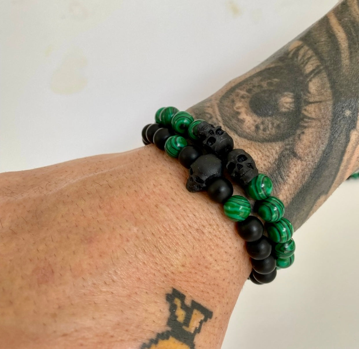 Onyx and Malachite Skull Bracelet