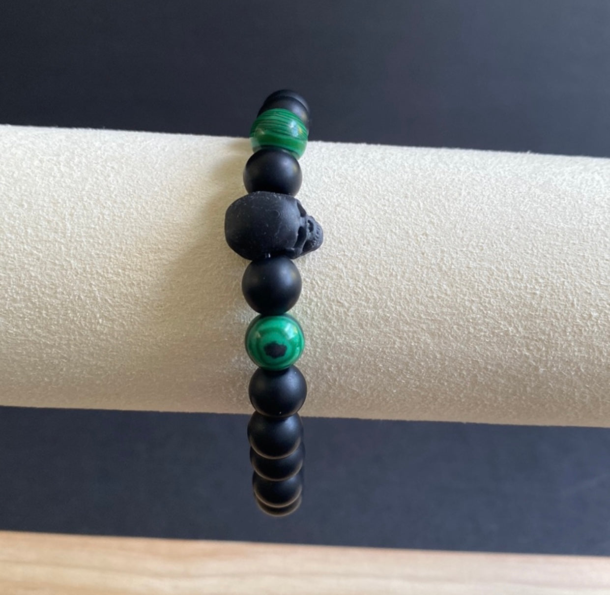 Onyx and Malachite Skull Bracelet