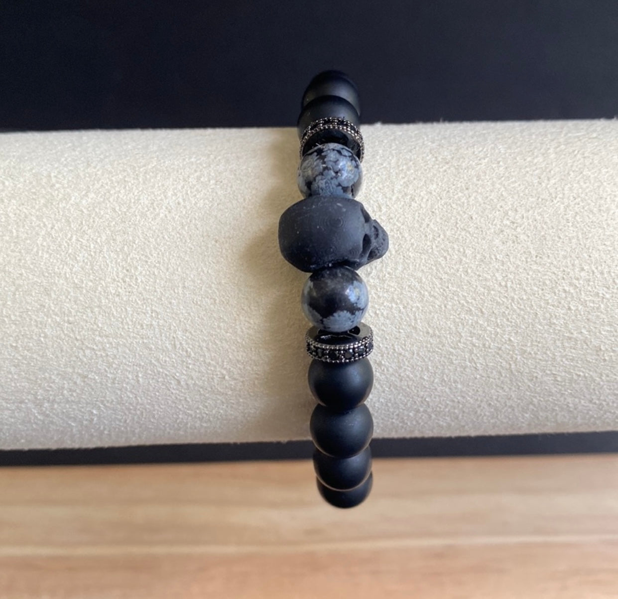 Onyx and Snowflake Obsidian Skull Bracelet