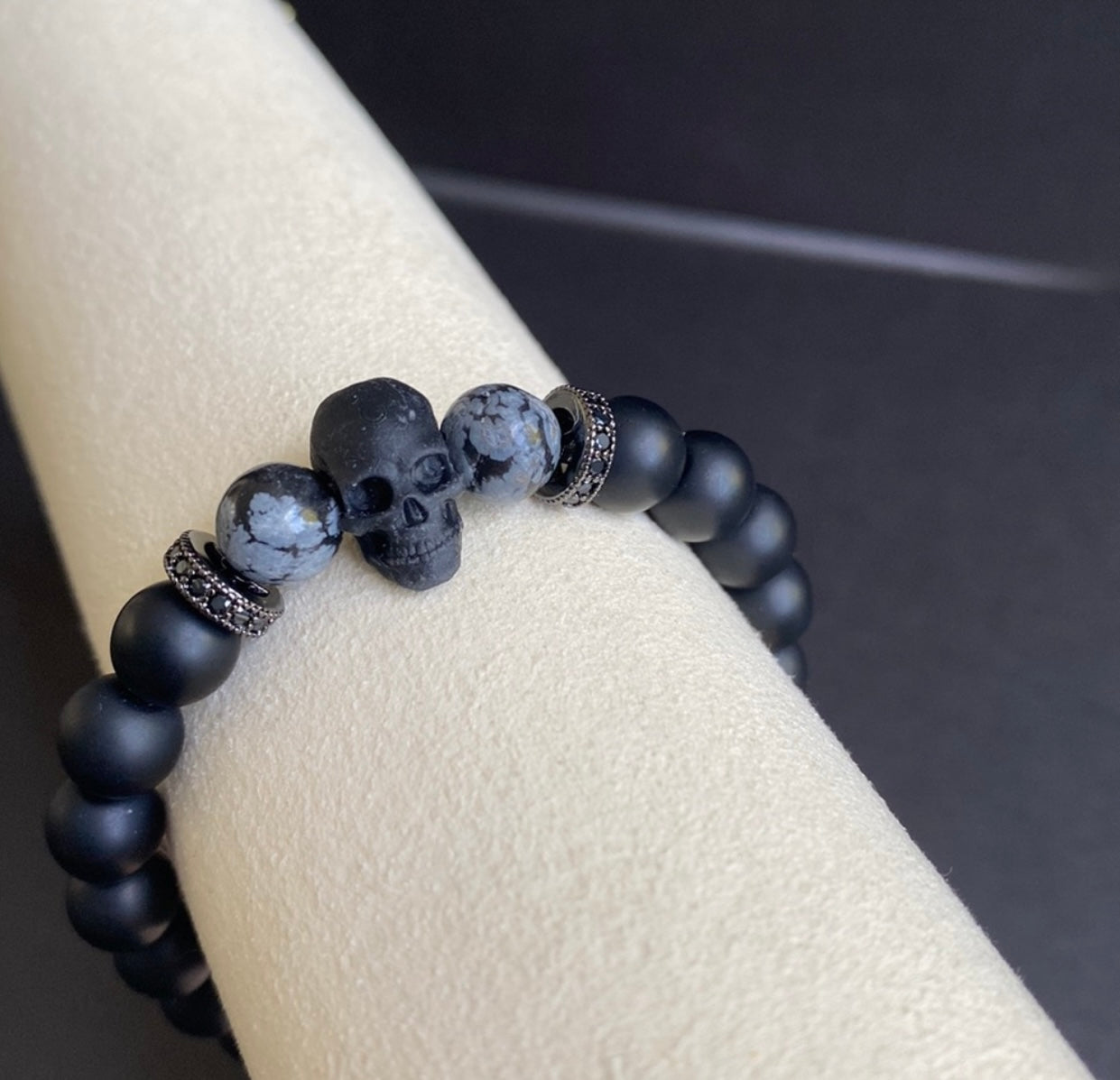 Onyx and Snowflake Obsidian Skull Bracelet