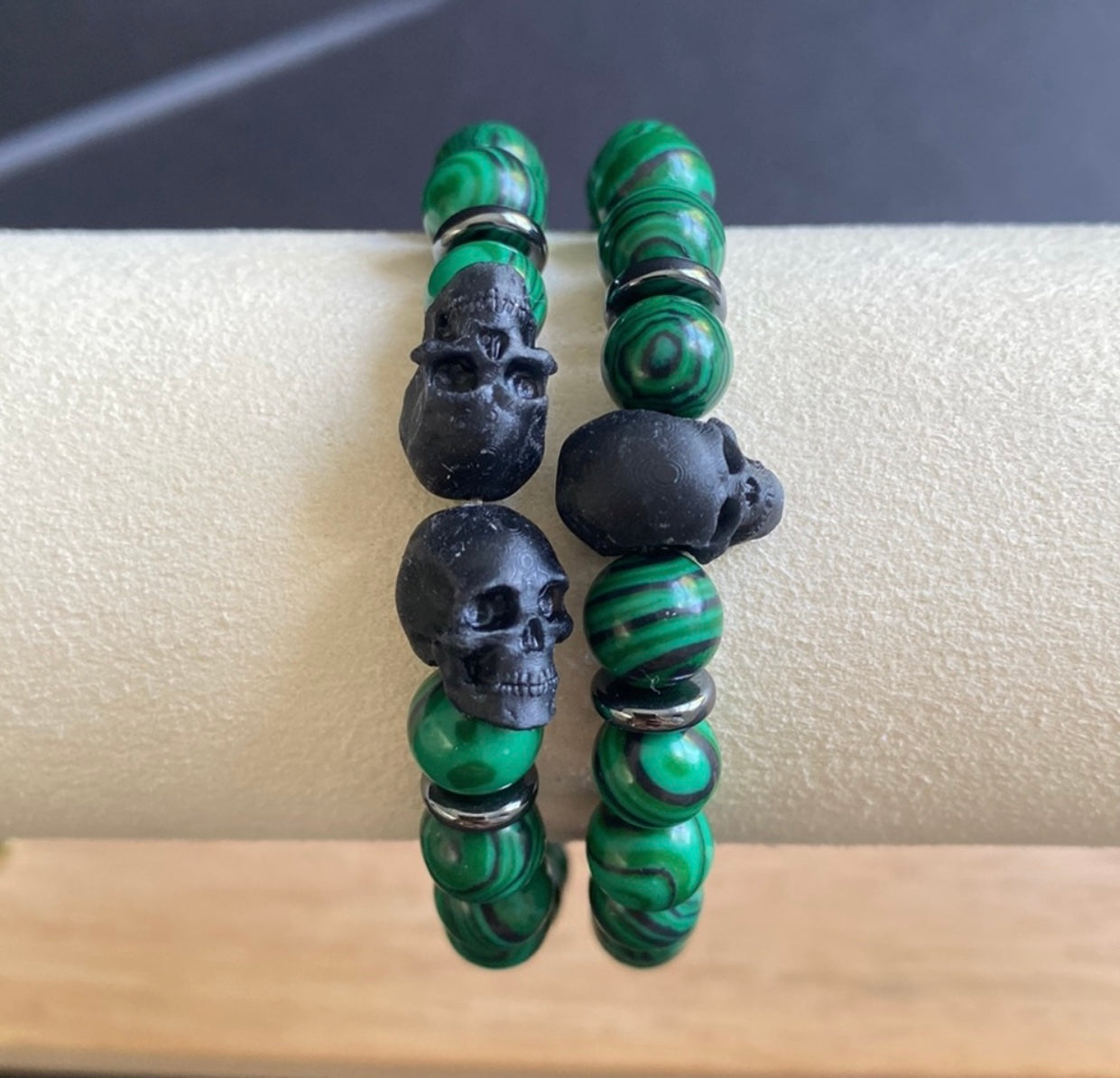 Malachite and Hematite Skull Bracelet