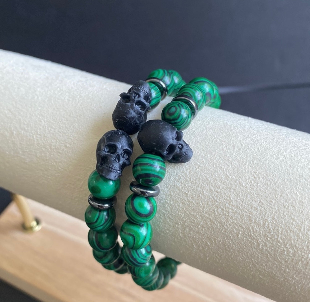 Malachite and Hematite Skull Bracelet