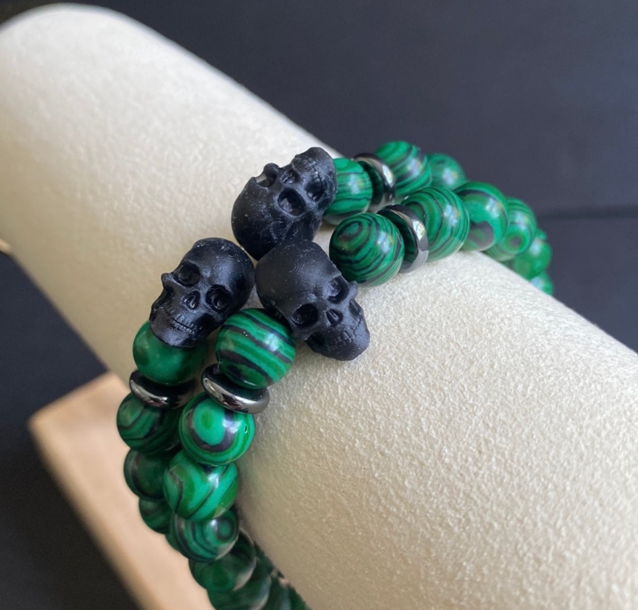 Malachite and Hematite Skull Bracelet