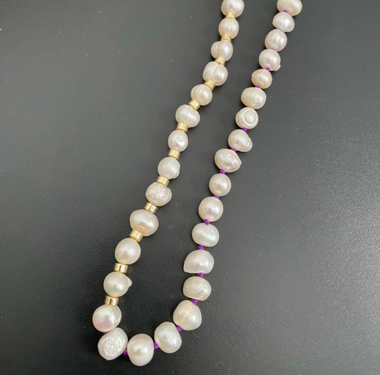 Royal Purple and Gold Knotted Pearl Necklace