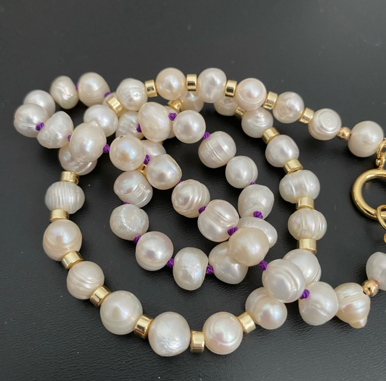 Royal Purple and Gold Knotted Pearl Necklace